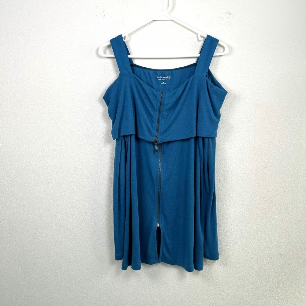 Soft Surroundings Top Womens Size M Blue Zip Front‎ Cold Shoulder Blouse 2BY26